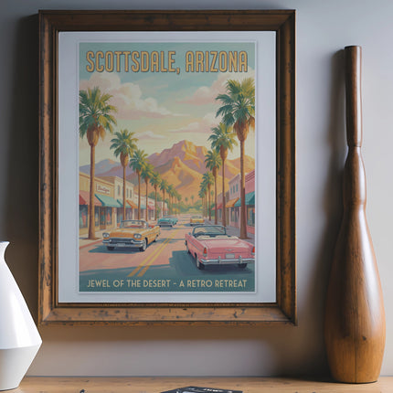 Scottsdale, Arizona poster with vintage cars and palm trees.