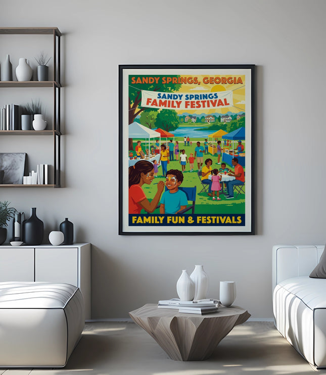 Framed poster of Sandy Springs Family Festival with people and tents.