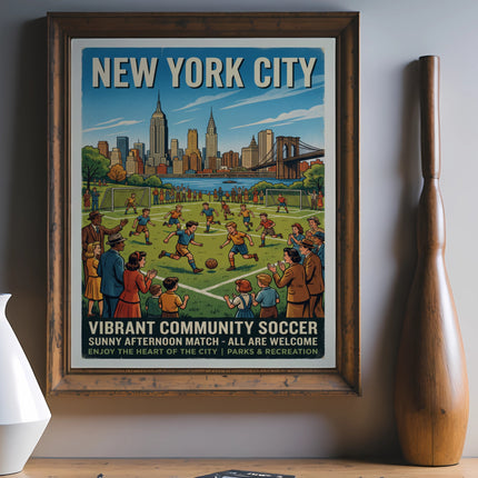 New York City soccer poster with a vibrant community game scene.