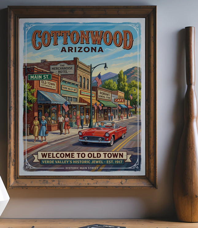 Vintage travel poster of Cottonwood, Arizona with a red convertible and historic main street.
