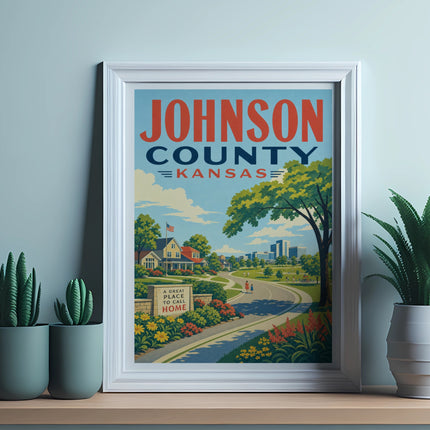 Vintage travel poster for Johnson County, Kansas, showing a suburban street scene.