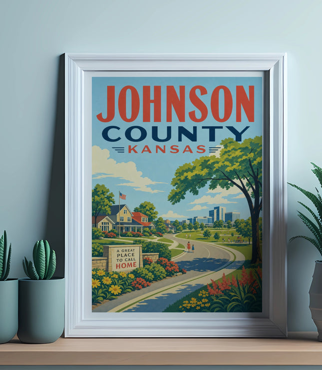 Vintage travel poster for Johnson County, Kansas, showing a suburban street scene.