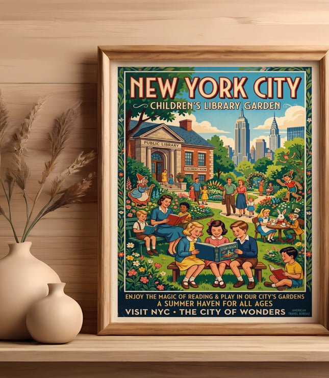 New York City Children's Library Garden poster with cityscape and families reading.