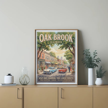 Oak Brook Illinois vintage travel poster of charming tree-lined streets.