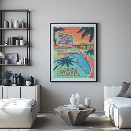 Retro "Sunset Motel Florida Vacationland" poster above a coffee table between two white couches.