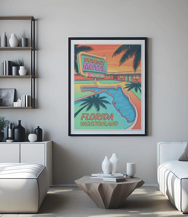 Retro "Sunset Motel Florida Vacationland" poster above a coffee table between two white couches.