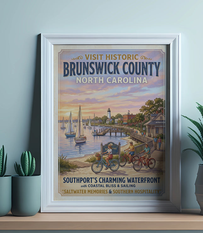 "Visit Historic Brunswick County" poster featuring a waterfront scene with sailboats and people cycling.