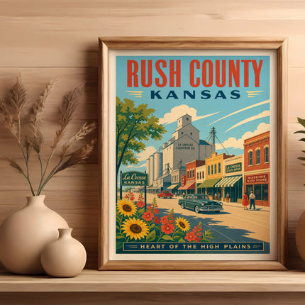Vintage poster of Rush County, Kansas featuring the town of La Crosse.