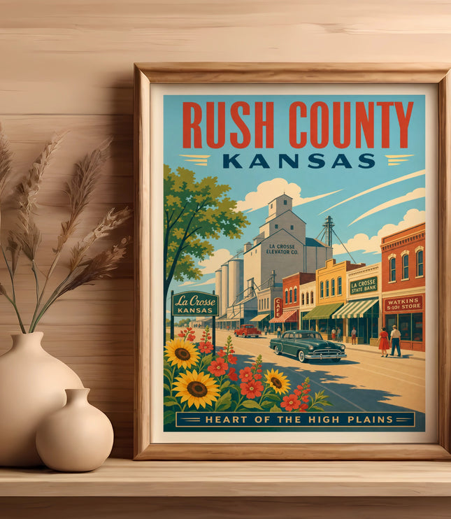 Vintage poster of Rush County, Kansas featuring the town of La Crosse.