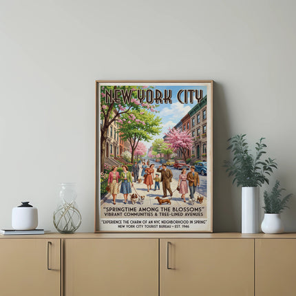 New York City poster with "Springtime Among the Blossoms" text and people strolling.