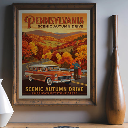 Vintage Pennsylvania Scenic Autumn Drive poster with station wagon and couple.