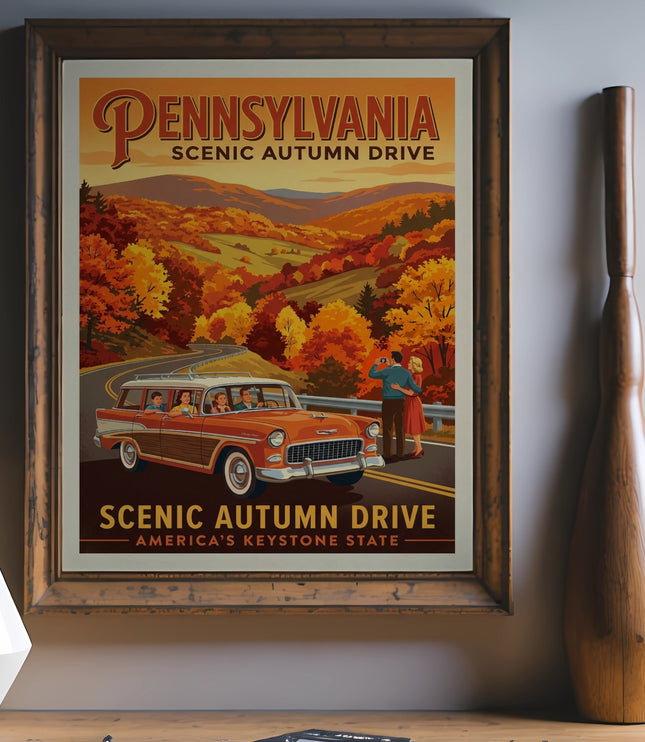 Vintage Pennsylvania Scenic Autumn Drive poster with station wagon and couple.