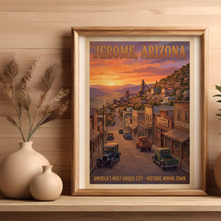 Jerome, Arizona vintage travel poster with historic main street and text.