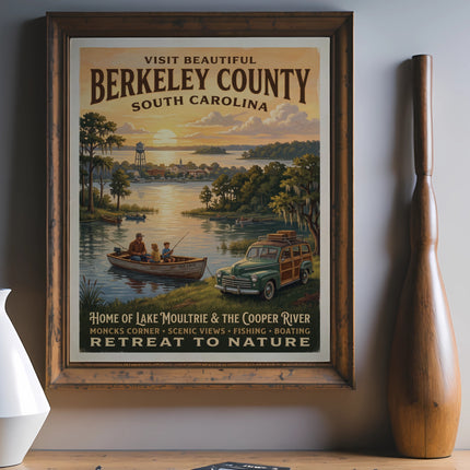 Berkeley County South Carolina poster showing fishing, boating, and a classic car.