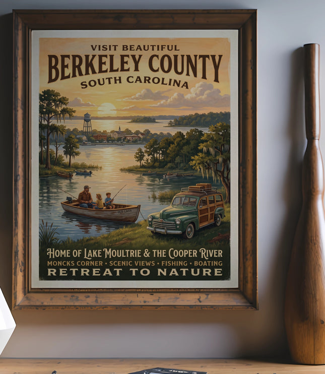 Berkeley County South Carolina poster showing fishing, boating, and a classic car.