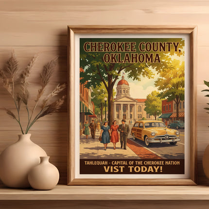 Cherokee County, Oklahoma poster with Tahlequah and vintage car.
