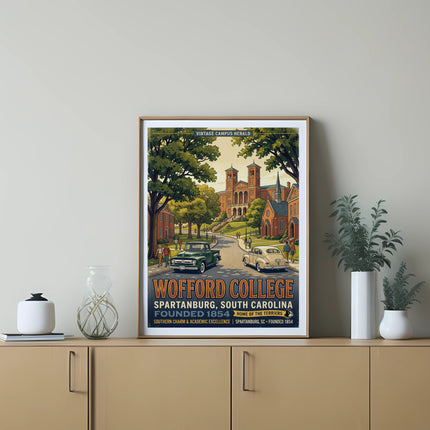 Wofford College, Spartanburg, SC poster artwork featuring vintage cars and campus buildings.