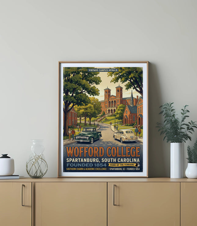 Wofford College, Spartanburg, SC poster artwork featuring vintage cars and campus buildings.