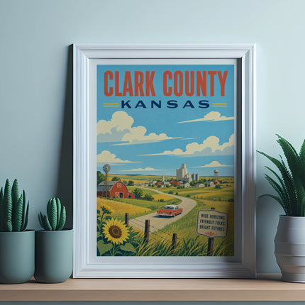 Clark County vintage travel poster with a red car and rural landscape.