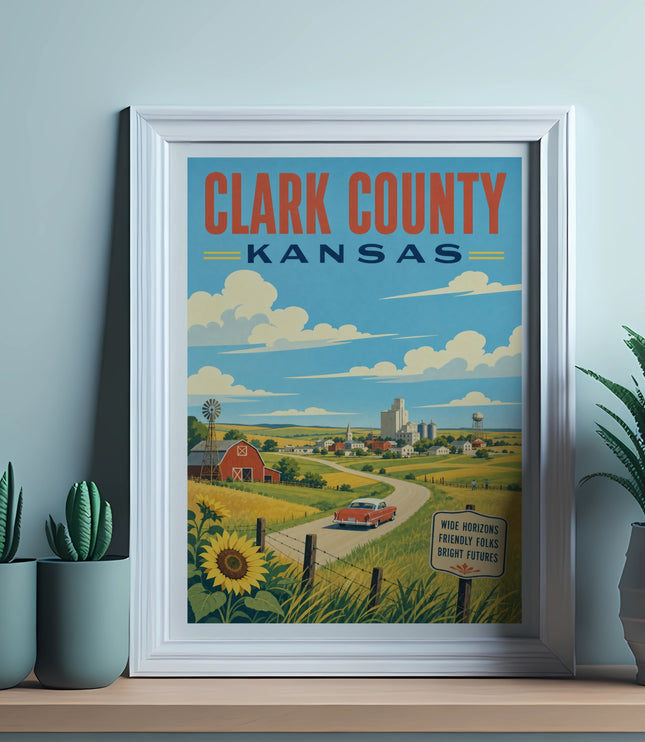 Clark County vintage travel poster with a red car and rural landscape.