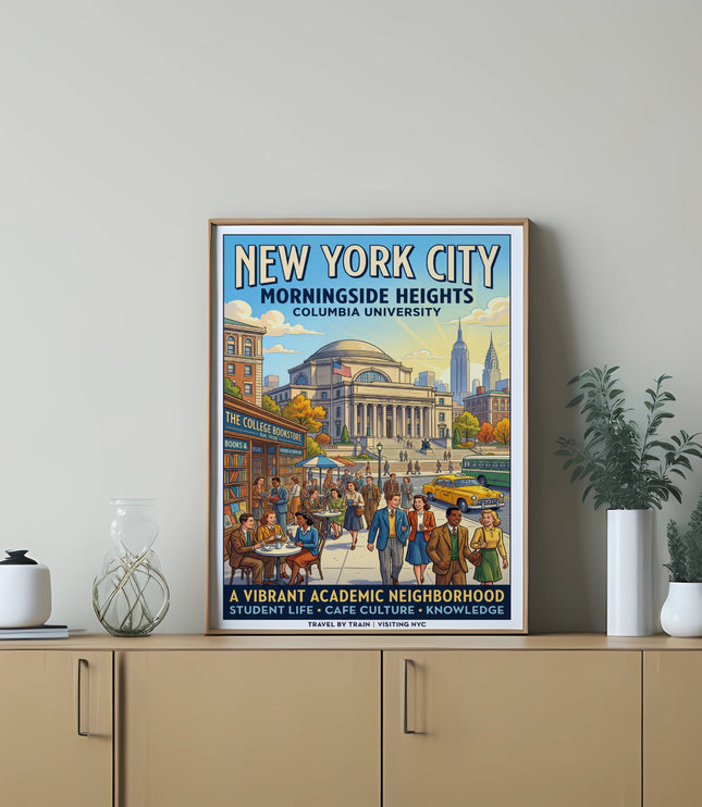 New York City Morningside Heights Columbia University vintage travel poster