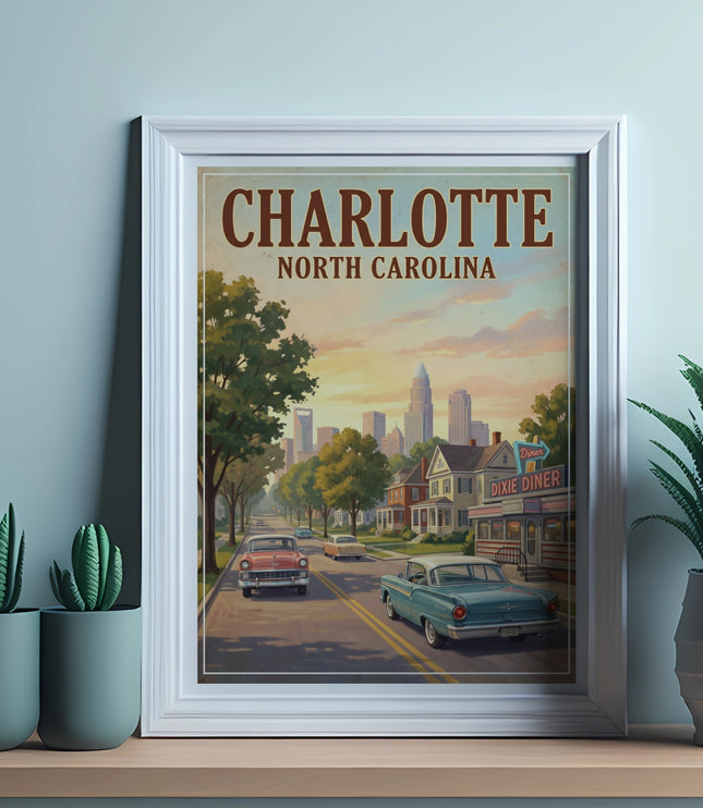 Vintage poster of Charlotte, North Carolina, featuring classic cars and a diner.