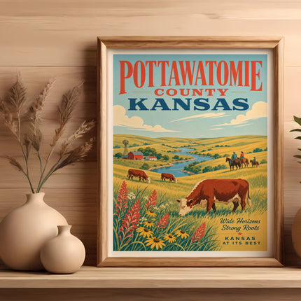 Pottawatomie County Kansas vintage travel poster with cows and landscape.