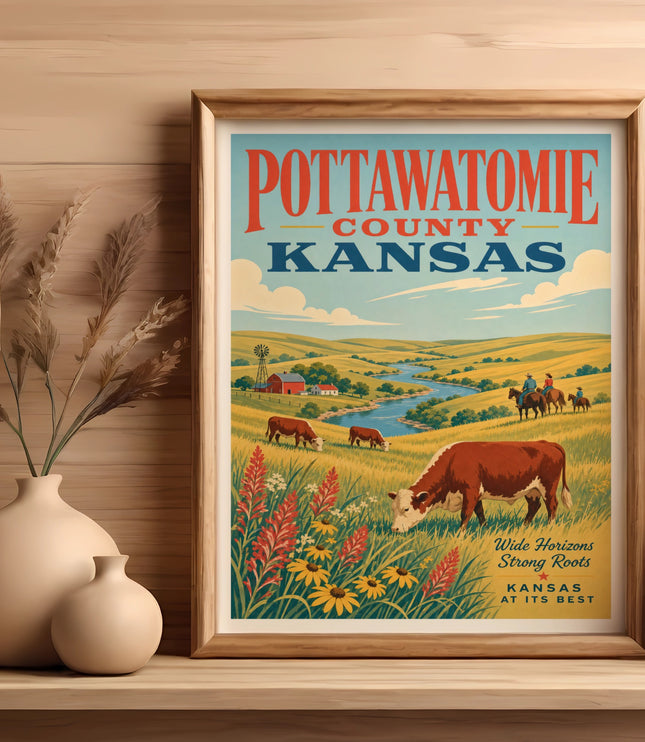 Pottawatomie County Kansas vintage travel poster with cows and landscape.