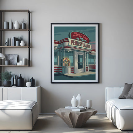 Retro diner framed art print with "Best Pie in Town, Pennsylvania" text.