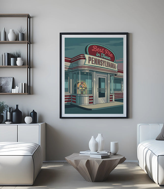 Retro diner framed art print with "Best Pie in Town, Pennsylvania" text.