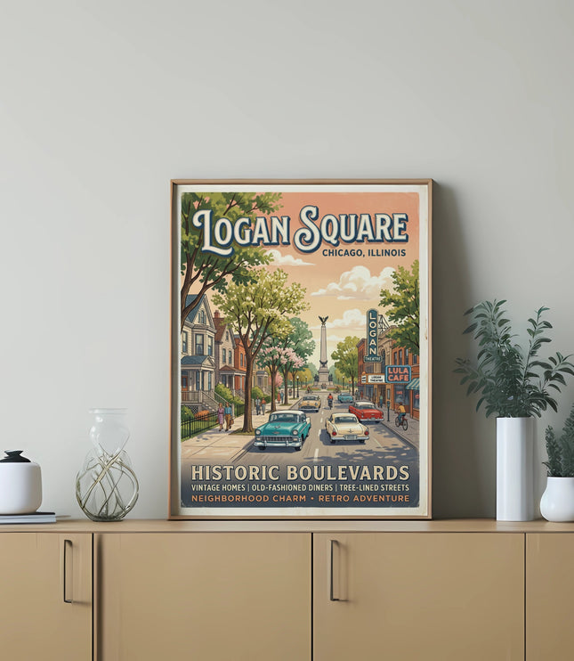 Vintage Logan Square Chicago poster with cars, historic homes, and text about its charm.