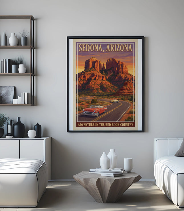 Vintage travel poster for Sedona, Arizona, showing red rocks and cars on a road.