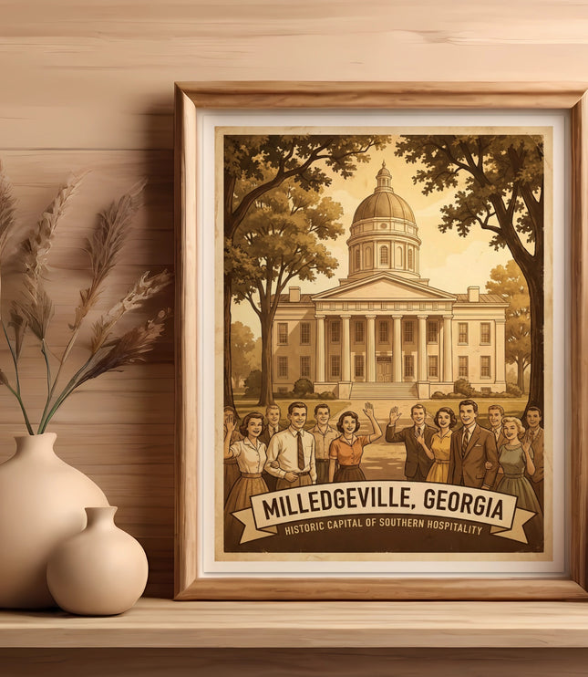 Milledgeville, Georgia historic capital of southern hospitality poster featuring people and a building.