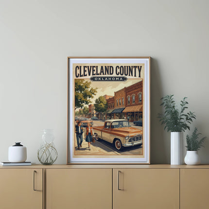Cleveland County Oklahoma vintage poster with vintage truck and town scene.