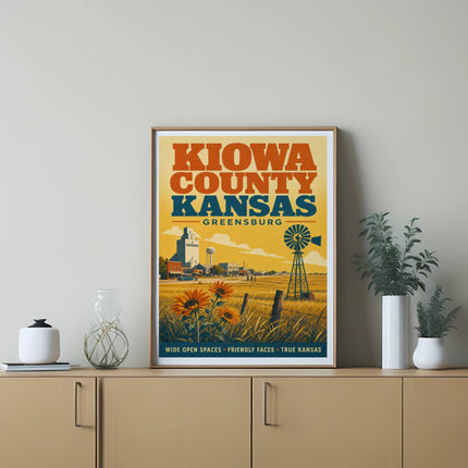 Kiowa County Kansas poster featuring sunflowers, windmill, and text.
