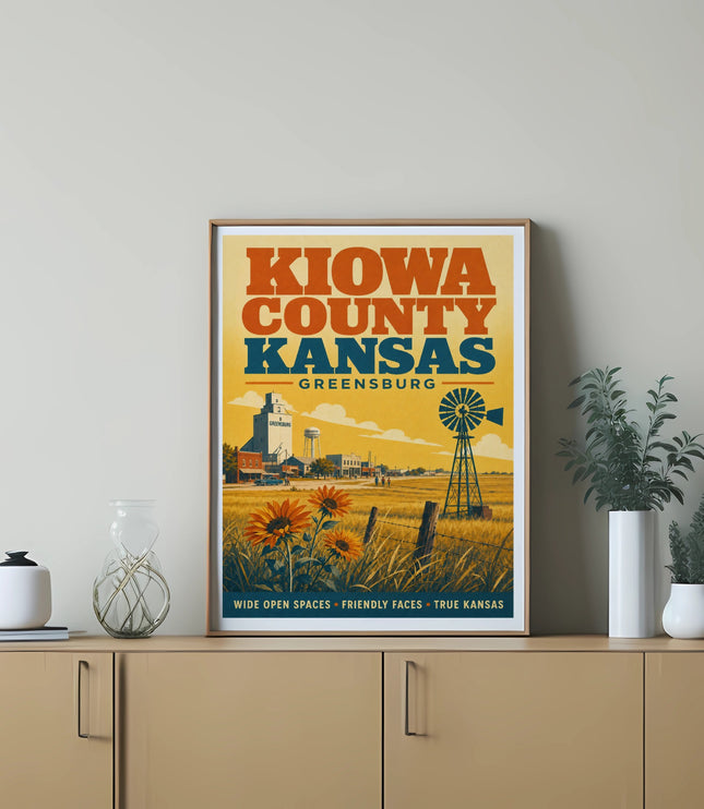 Kiowa County Kansas poster featuring sunflowers, windmill, and text.