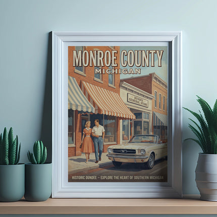 Monroe County Michigan poster with a couple, classic car, and Dundee General Store.