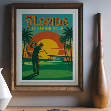 Retro Florida Sunshine Golf poster with palm trees and a golfer.