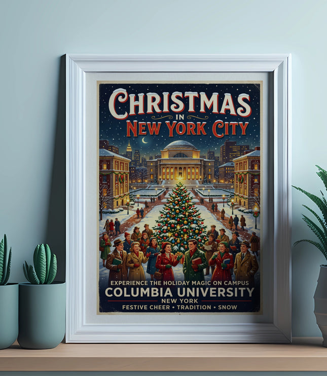 Christmas in New York City poster for Columbia University featuring a festive scene with a decorated tree and people.