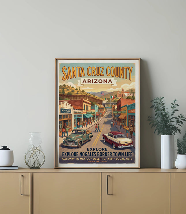 Santa Cruz County Arizona poster with vintage town depiction and text.