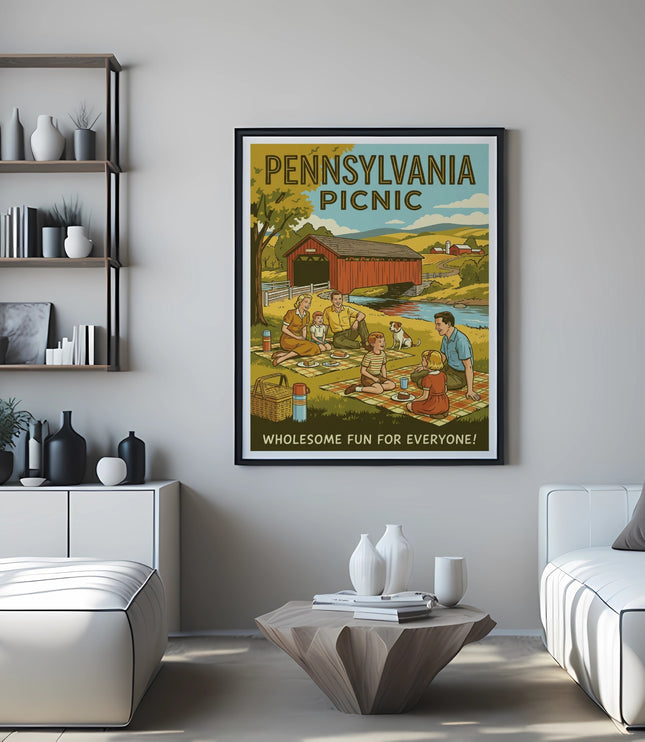 Pennsylvania Picnic vintage poster in a framed artwork above a coffee table.