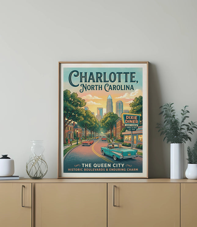 Charlotte, North Carolina poster with vintage cars and Dixie Diner.