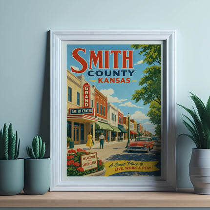Smith County, Kansas vintage poster with "Welcome Smith Center" text.