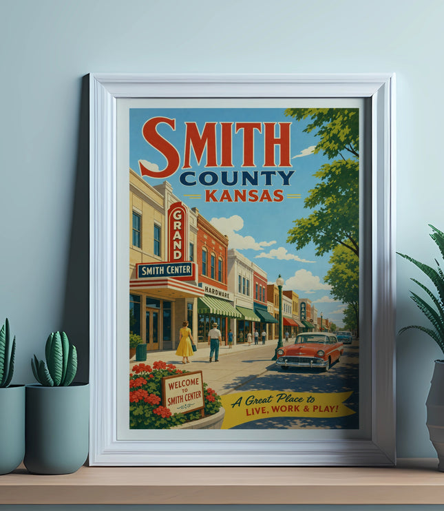 Smith County, Kansas vintage poster with "Welcome Smith Center" text.