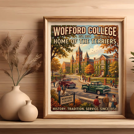 Wofford College art with buildings, vintage cars, and people, text reads "Home of the Terriers."