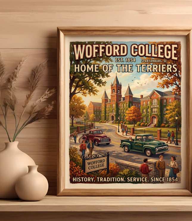 Wofford College art with buildings, vintage cars, and people, text reads "Home of the Terriers."