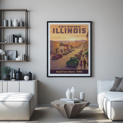 Vintage "Visit Historic Illinois - Small Town Charm" travel poster on wall.