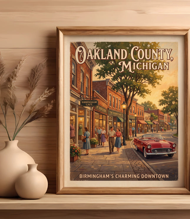 Oakland County, Michigan poster depicts Birmingham's charming downtown with shops and a red car.