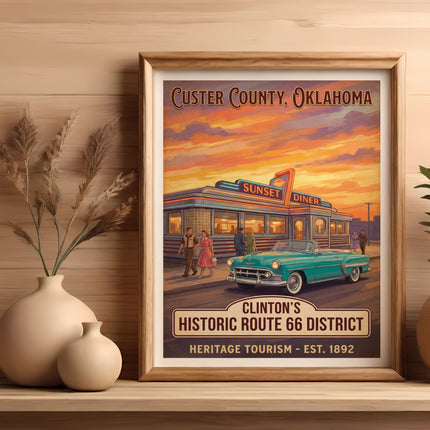 Custer County, Oklahoma poster featuring Sunset Diner and a teal convertible.