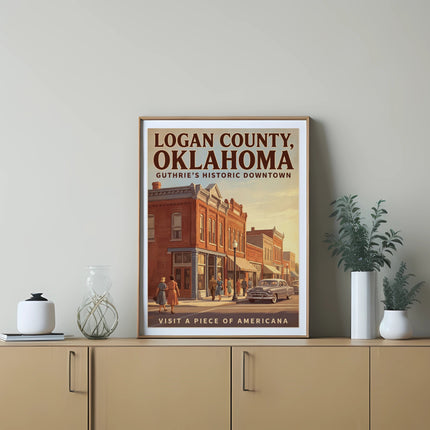 Logan County, Oklahoma Guthrie's Historic Downtown vintage travel poster and classic car.